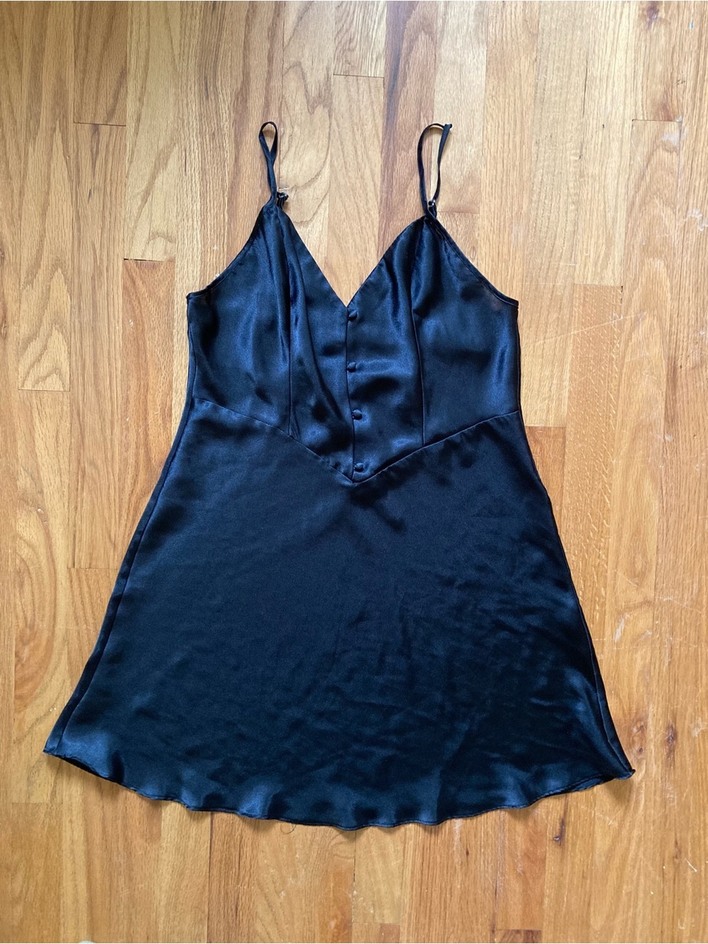 Val Mode Lingerie, Elegant Black Satin Slip Dress, sz M with Button Front